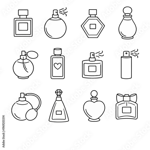 Minimal Line Art Perfume Bottle Icons Set, Fragrance Outline Vector Collection