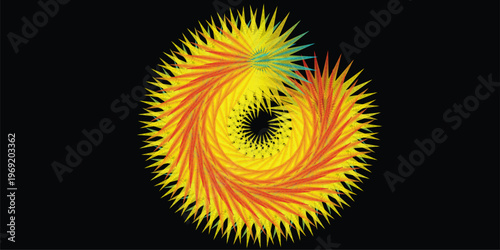 Vibrant abstract circular design with sharp spiky elements in warm yellow and orange gradient colors creating a dynamic swirling pattern