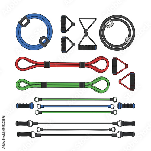 Assortment of resistance bands and handles for exercise and fitness training