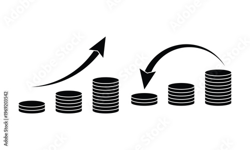 Solid Black Stacked Coins Business Growth Upward Downward Arrow Icon Set