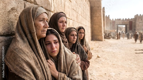 Grieving Women in Ancient Robes Weeping by a Stone Wall in a Historical City