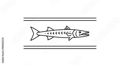 Striking linear barracuda icon with menacing teeth captured within elegant parallel design elements