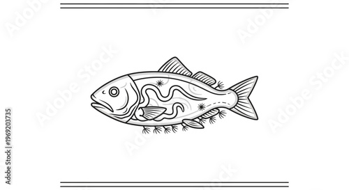 Stylized monochrome fish illustration with abstract internal patterns and unique external