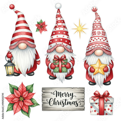 High-quality watercolor set of three whimsical christmas gnomes with tall red hats holding holiday items (lantern, star, gift) and elements, isolated on a transparent background. Concept for holiday