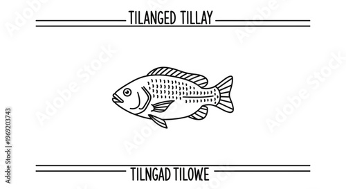 Minimalist Black and White Line Art Illustration of a Freshwater Fish with Stylized Text Elements
