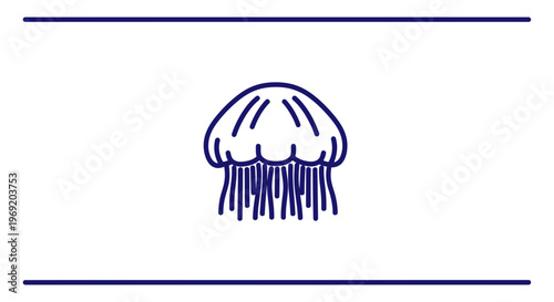 Minimalist blue line art illustration of a marine jellyfish creature swimming elegantly underwater