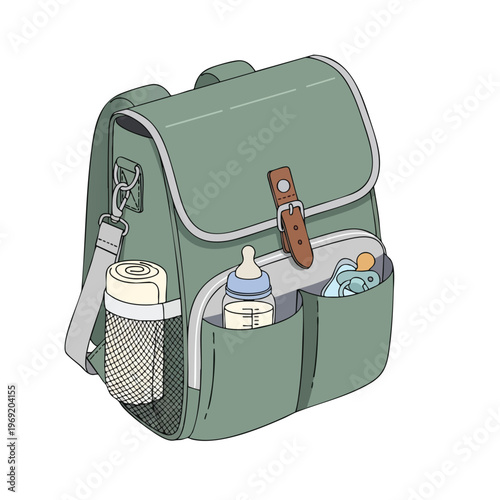 Green diaper bag with bottle, pacifier, and rolled blanket