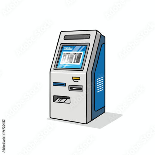 A modern ticket vending machine with a touch screen displaying ticket options