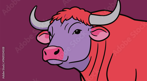 Colorful bull head with large horns and short hair looks directly at the viewer against a purple background