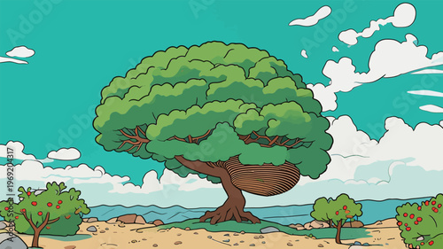 Large tree stands alone in a landscape with bushes under a blue sky and clouds, showing nature's simplicity and beauty in a bright setting