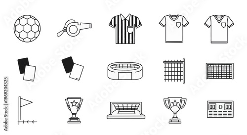Comprehensive collection of football and soccer game equipment line icons for web and print designs