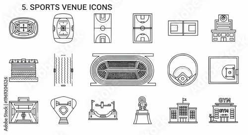 Comprehensive collection of outline icons representing various sports venues and athletic facilities for diverse sporting events