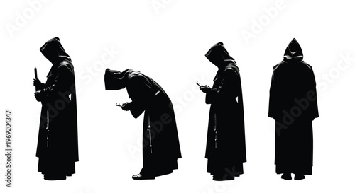 Dark vector graphic illustration featuring robed figures performing religious rituals and solemn prayer poses.