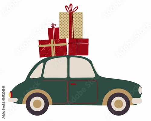 A vintage car cheerfully transports a stack of beautifully wrapped gifts
