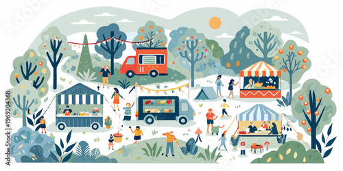 A vibrant outdoor food festival scene with various stalls and people