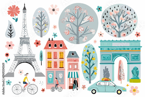 Whimsical illustration of parisian landmarks flowers and city life scenes