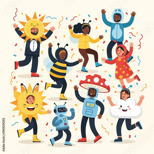 Children in fun costumes dancing together.