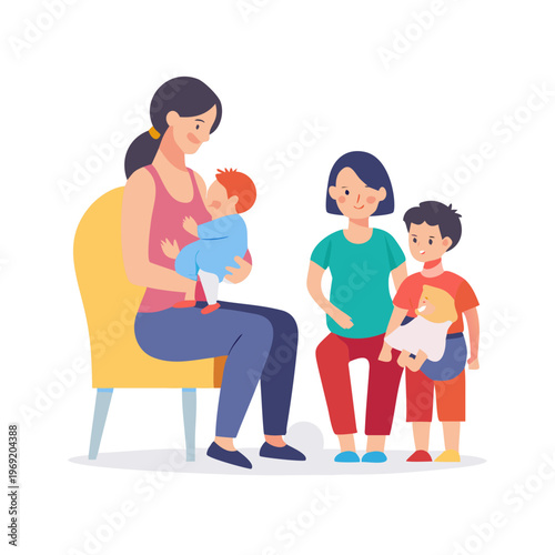 Mother Nursing Baby Siblings Watching Bottle Feeding Sitting Together Stock Illustration