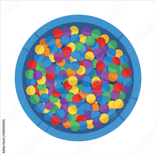 Top view of a blue circular bin filled with many colorful small round objects