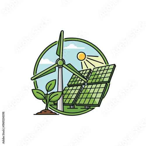 Stylized circular illustration of a wind turbine, solar panels, and a sapling under a sunny sky