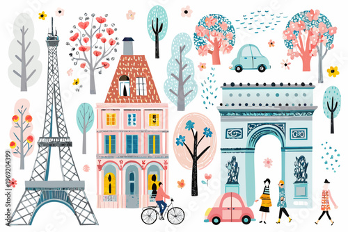 A charming illustration depicts iconic parisian landmarks and scenes