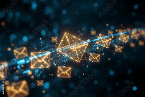 Dynamic Golden Digital Mail Stream - Glowing Envelopes in a Futuristic Cyber Network.