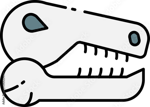 A cartoon dinosaur skull with sharp teeth is lying on the ground.