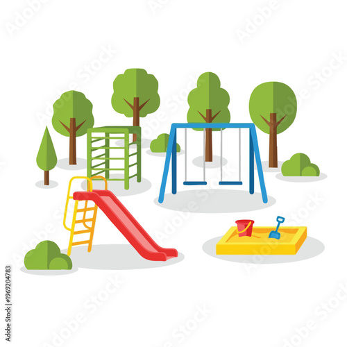 Cartoon playground with slide, swings, jungle gym, sandbox, and trees