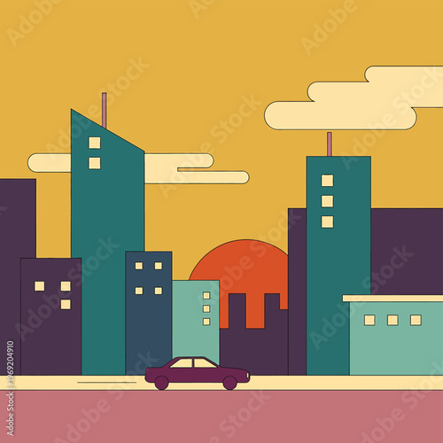 Car Drives Through City Street Scene.