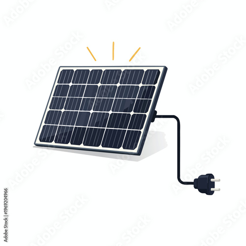 A single solar panel with a cable and plug, emitting faint yellow rays