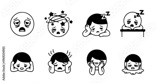 Set of Tired and Exhausted Emoji Faces Depicting Various States of Fatigue