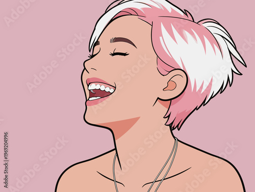 Young woman with short pink hair smiles widely with a light pink background