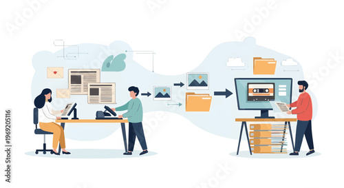Digital data transfer and storage process with cloud technology illustrated