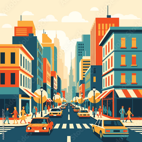 City Street with Cars and Buildings.