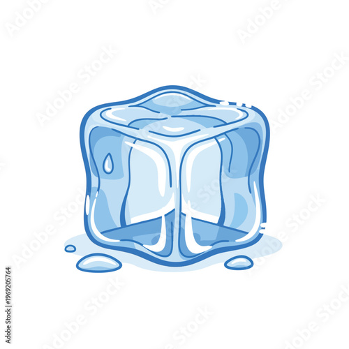 Transparent blue ice cube with melting water droplets on a white background