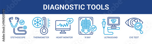 Diagnostic Tools web banner icon vector illustration concept with icons of stethoscope, thermometer, heart monitor, X ray, ultrasound, and eye test.