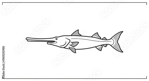Stylized monochrome illustration of a slender aquatic creature with an elongated snout