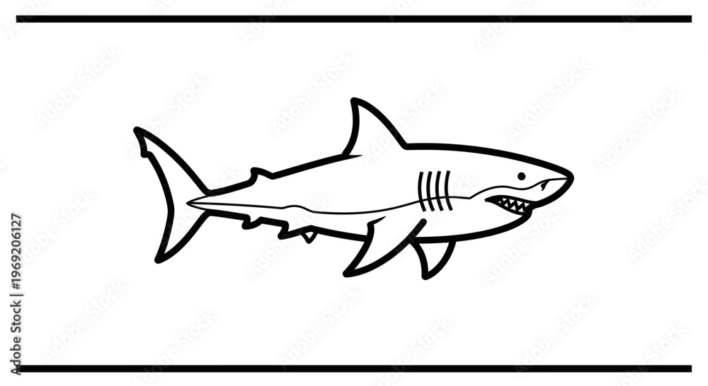 Fototapeta premium Stylized black and white outline drawing of a powerful marine shark creature swimming in the vast