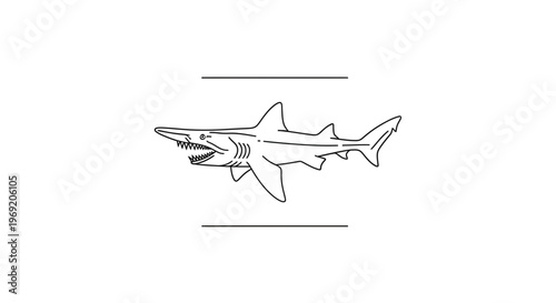 Goblin shark line art illustration depicting its distinctive elongated snout and sharp teeth