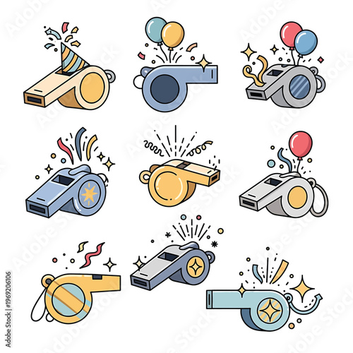 Colorful cartoon whistles in various designs.