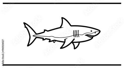 Stylized black and white outline drawing of a powerful marine shark creature swimming in the vast