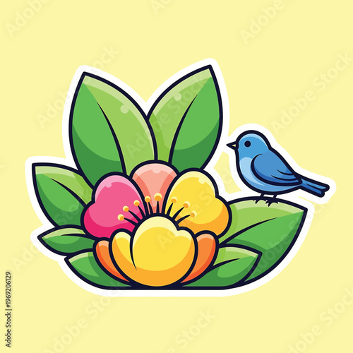 Colorful Bird Sitting on Flower.