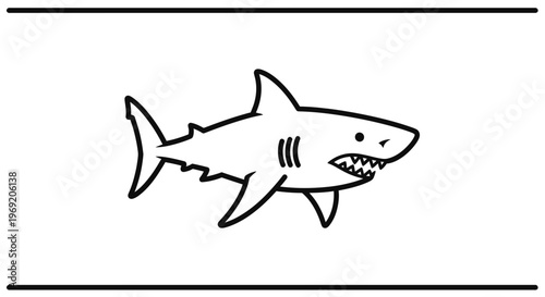 Minimalist black outline drawing of a predatory ocean shark with sharp teeth and fins