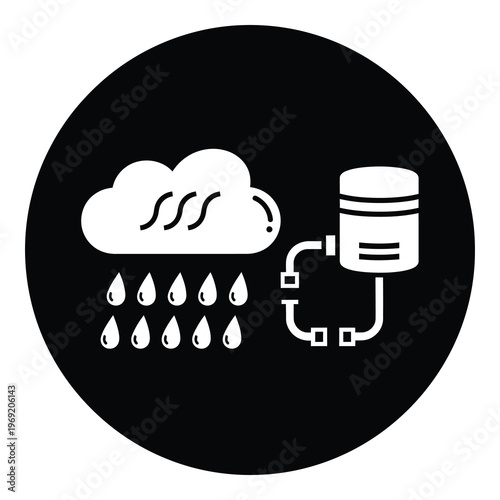 Rain cloud with droplets and cylinder icon on circle background icon