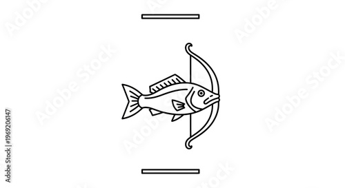 Monochrome illustration featuring a fish gracefully merging with an archer's bow, a compelling