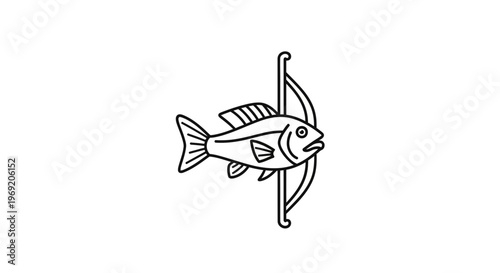 Minimalist black outline drawing of a fish intersected by an archery bow on a clean white background