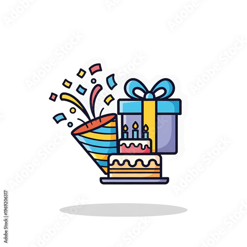 Colorful Birthday Cake with Gifts Celebration.