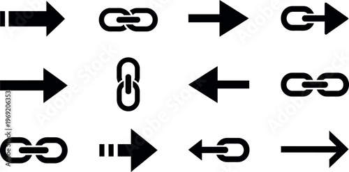 A collection of black and white icons featuring arrows and chain links on a plain background