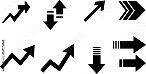 A collection of black arrows and pointers on a white background for navigation and direction
