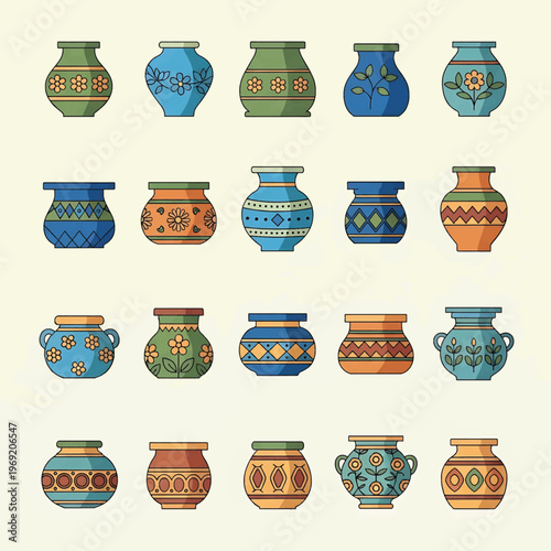 Collection of colorful ceramic pottery vases.